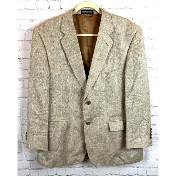 STAFFORD beige herringbone 100% silk mens suit jacket size 44S - Picture 1 of 12
